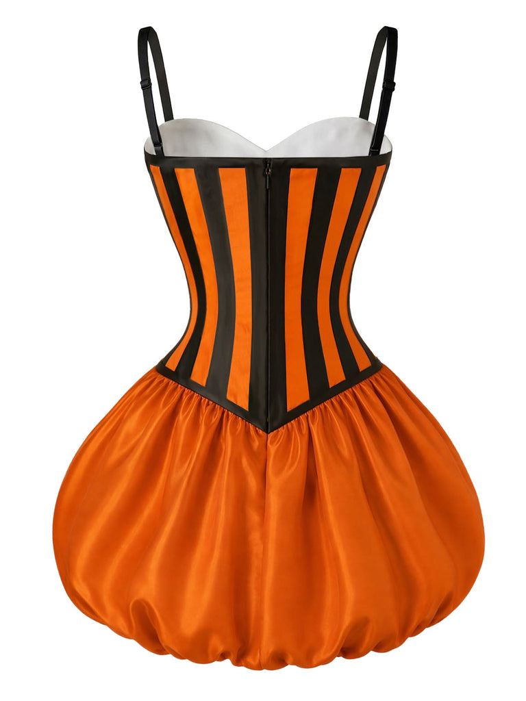 [Prévente] Robe boule orange d’Halloween à citrouilles, rayures et fines bretelles années 1950