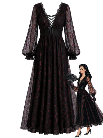 [Prévente] Robe noire en dentelle à décolleté V plongeant et manches lanternes années 1930