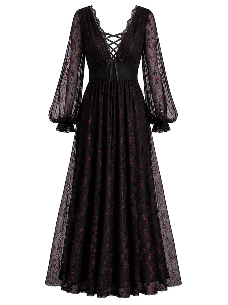 [Prévente] Robe noire en dentelle à décolleté V plongeant et manches lanternes années 1930