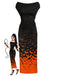 [Prévente] Robe noire ajustée à dégradé orange et imprimé chauves-souris années 1960