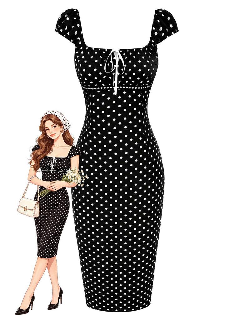 [Prévente] Robe Fourreau Noire Col Carré à Pois Années 1960
