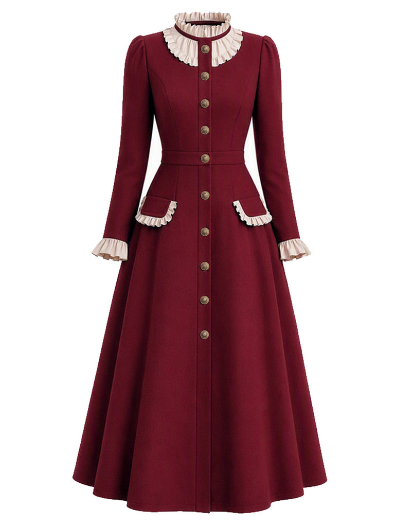 [Prévente] Robe manteau bordeaux à col à volants et boutons Années 1950 - 2