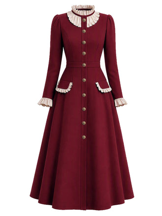 [Prévente] Robe manteau bordeaux à col à volants et boutons Années 1950 - 2