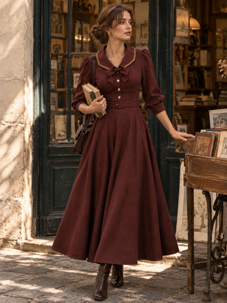 [Prévente] Robe rouge vin revers orné d'un nœud et manches aux coudes années 1950