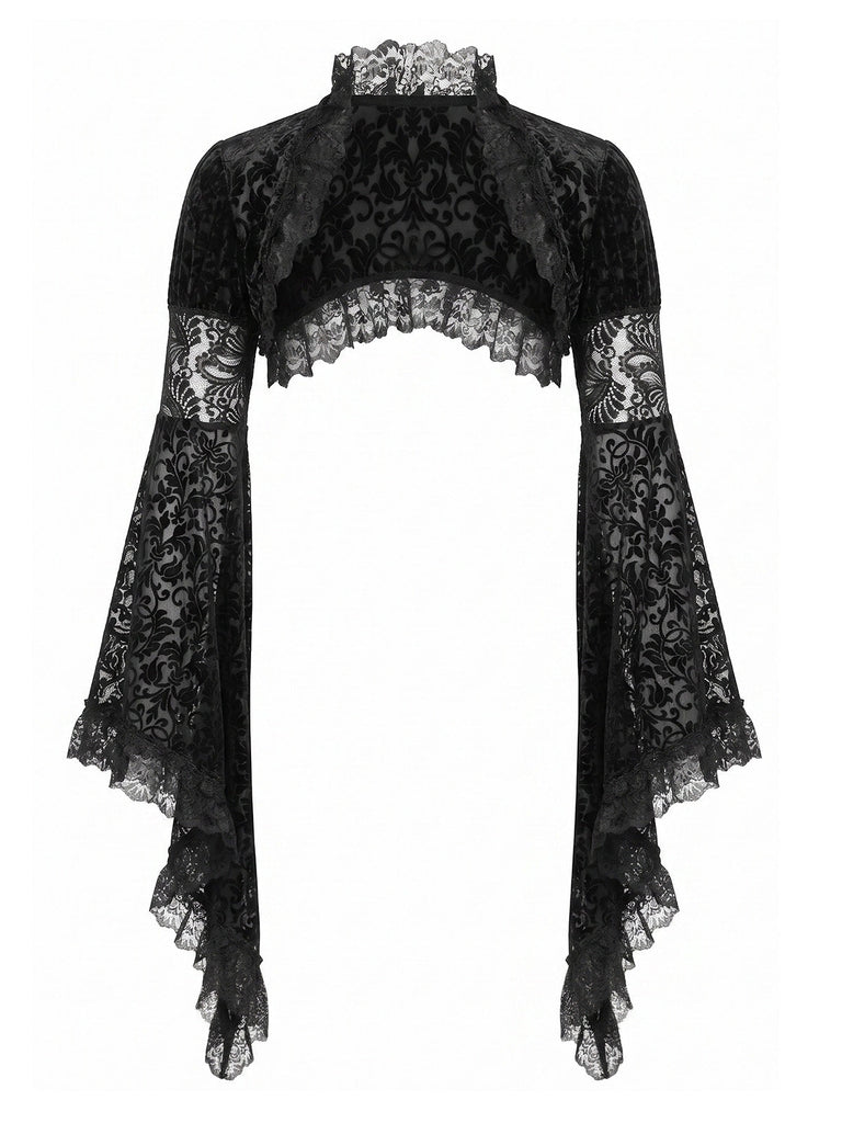 Cape gothique noire en dentelle à manches cloche années 1970