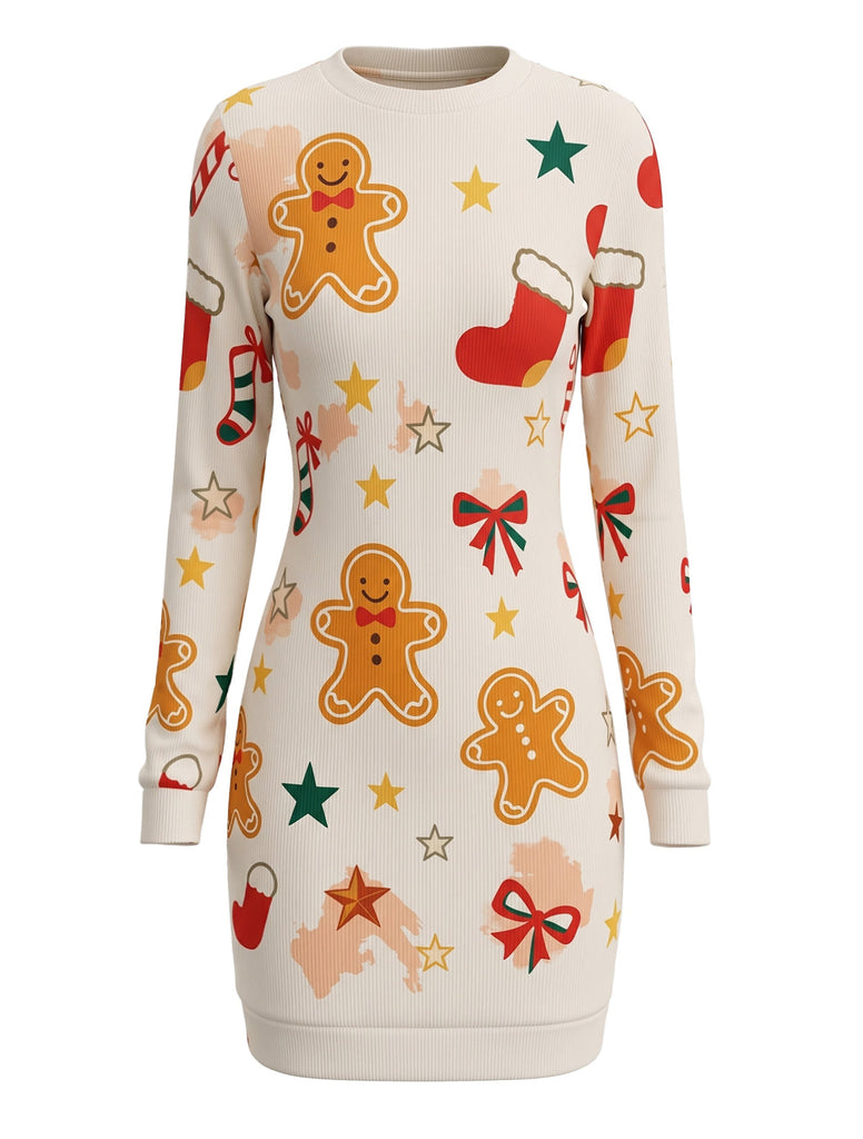 Robe de Noël beige à manches longues et imprimé pain d’épices Années 1960 - 2