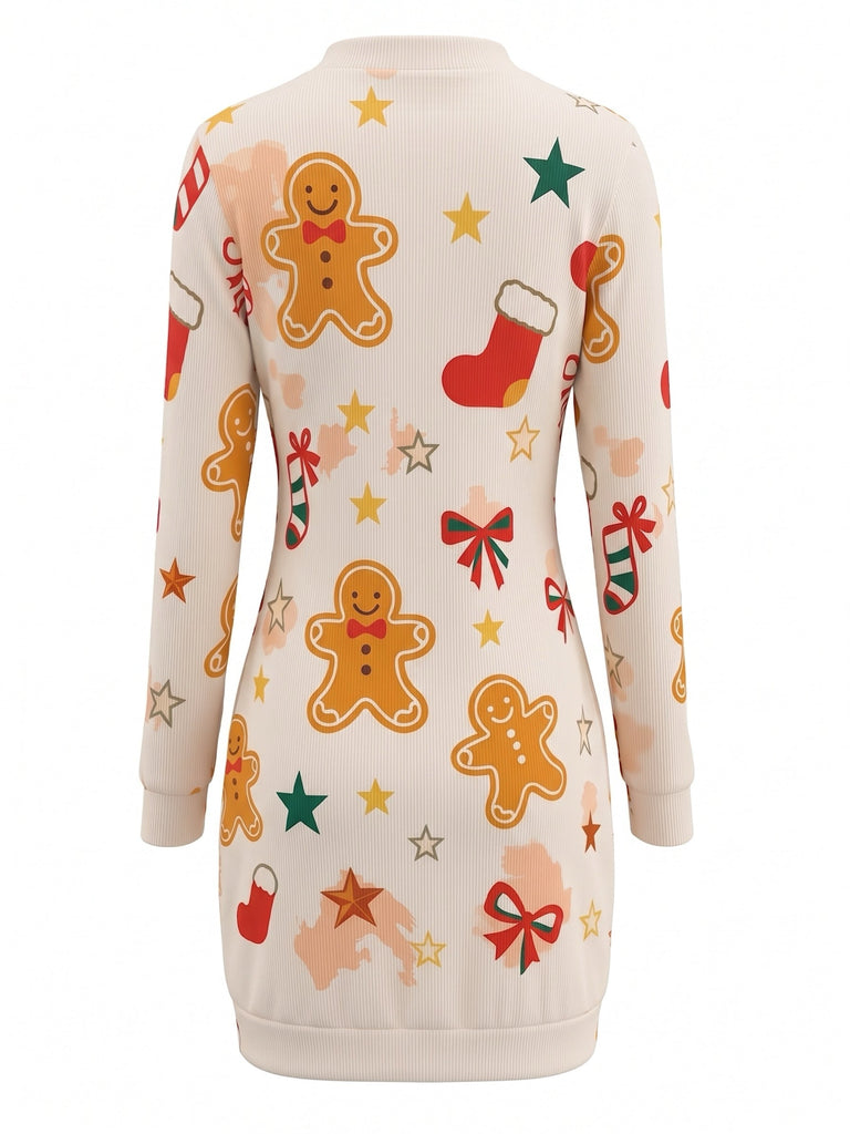 Robe de Noël beige à manches longues et imprimé pain d’épices Années 1960 - 3