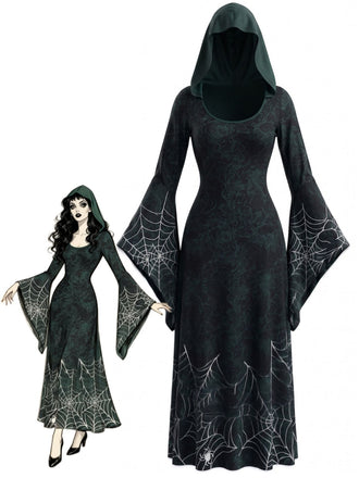 Robe de cosplay de sorcière à capuche et toile d’araignée pour Halloween années 1930