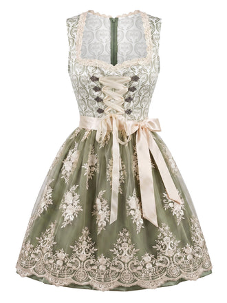 Robe vert clair à col carré avec tablier en dentelle florale Années 1950