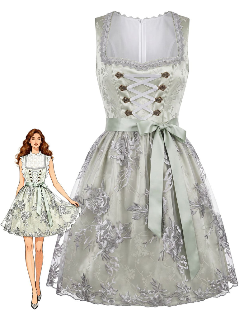 Robe bleu clair florale à col carré et laçage avec tablier Années 1950