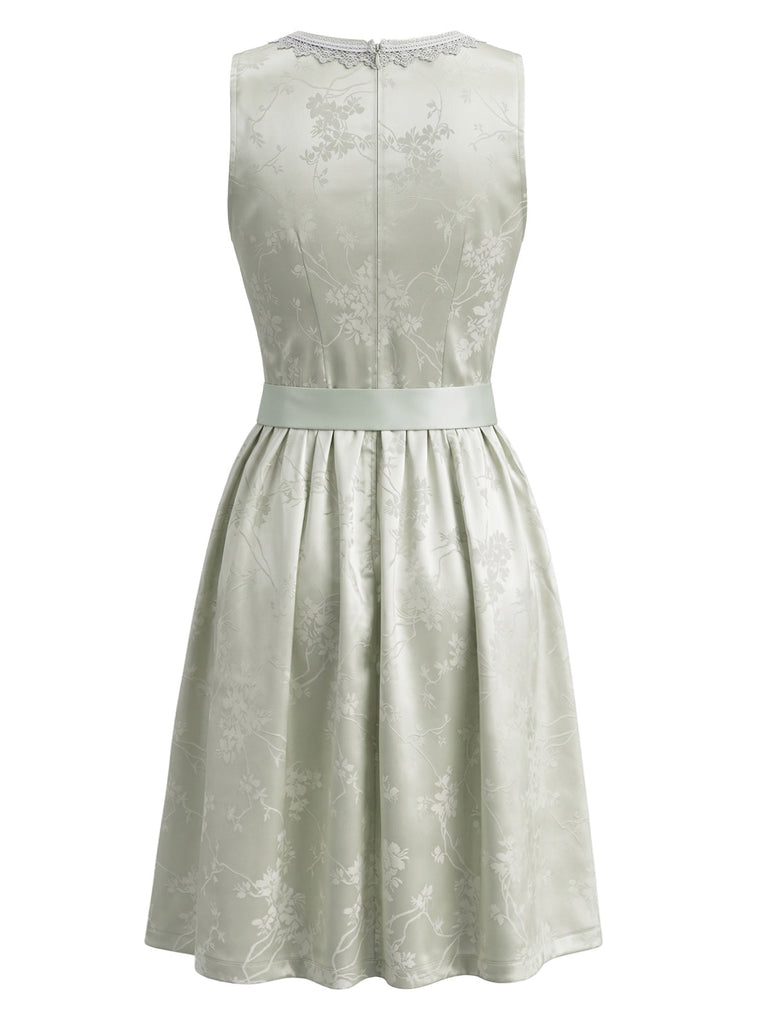 Ensemble 2PCS bleu avec robe florale en dentelle à col carré et laçage, tablier et top Années 1950