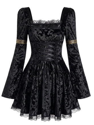 Mini-robe en velours à laçage et manches cloche années 1970