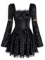 Mini-robe noire en velours à laçage et manches cloche années 1970
