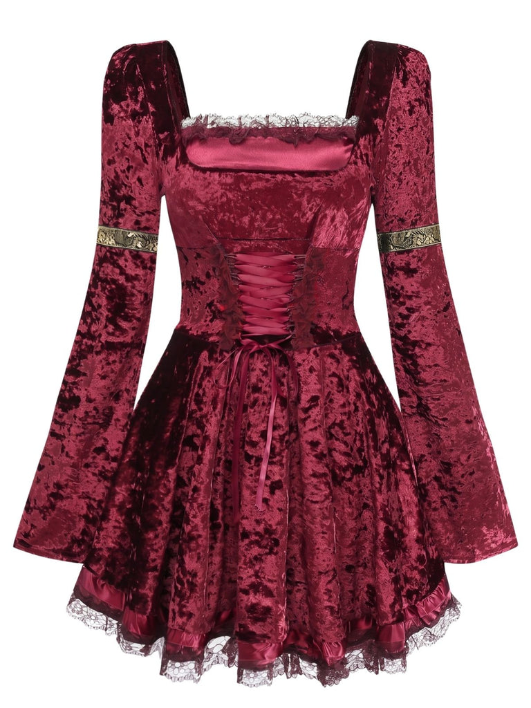 Mini-robe en velours à laçage et manches cloche années 1970
