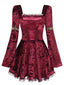 Mini-robe bordeaux en velours à laçage et manches cloche années 1970