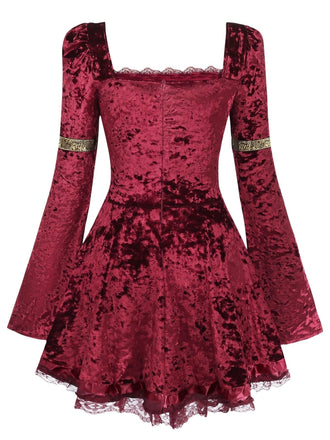 Mini-robe en velours à laçage et manches cloche années 1970