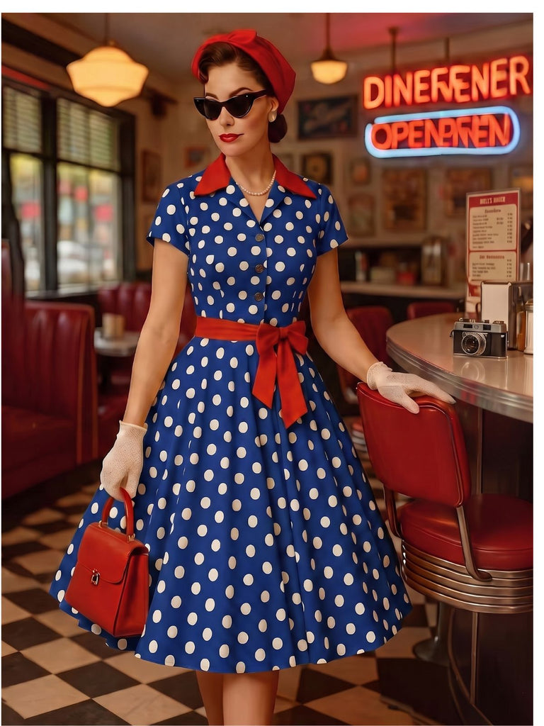 Robe chemise à revers, pois et ceinture années 1940
