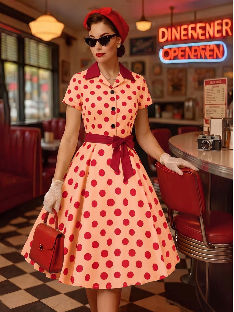 Robe chemise à revers, pois et ceinture années 1940