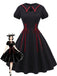 Robe évasée gothique noire à col chauve-souris et laçage années 1940