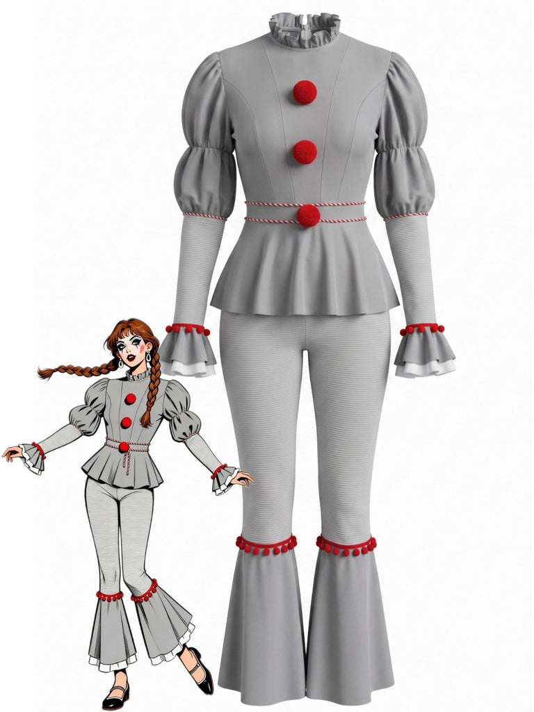 Ensemble 2 pièces rouge de clown avec haut à pompons et volants et pantalon années 1950