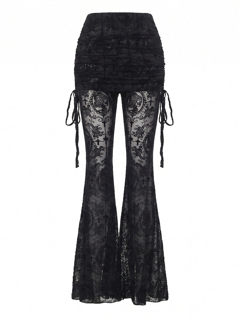 Pantalon évasé noir froncé avec effet jupe en dentelle années 1970
