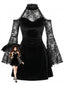 Mini-robe noire velours et dentelle épaules dénudées et manches évasées années 60