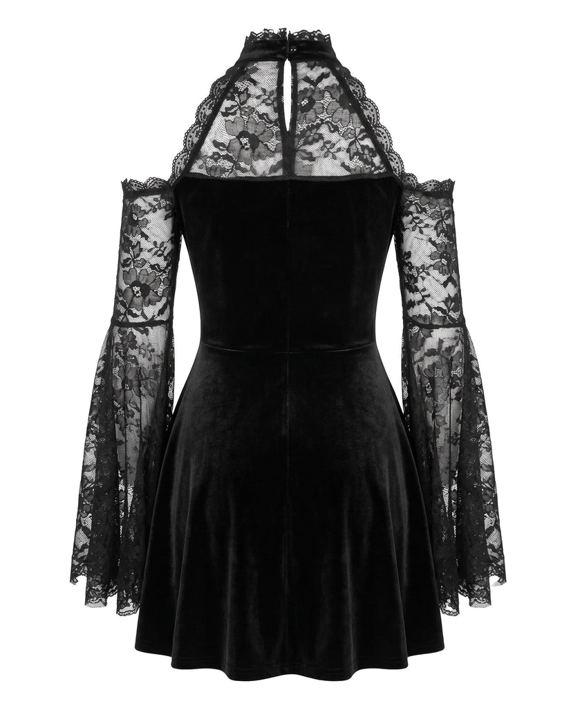 Robe mini noire en velours et dentelle à épaules dénudées et manches cloche Années 1960