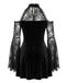 Robe mini noire en velours et dentelle à épaules dénudées et manches cloche Années 1960
