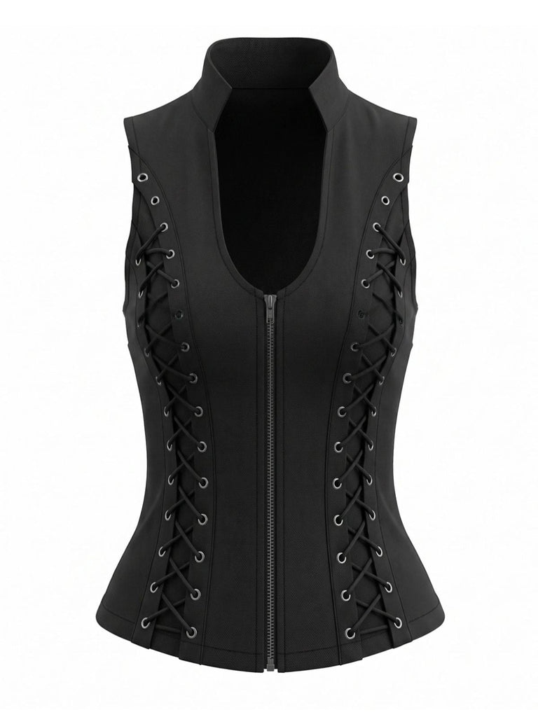 Gilet corset gothique noir à col montant et laçage latéral années 1970