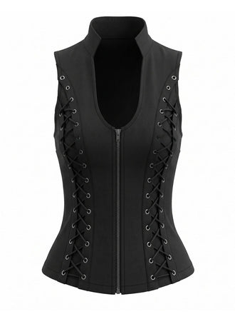Gilet corset gothique noir à col montant et laçage latéral années 1970