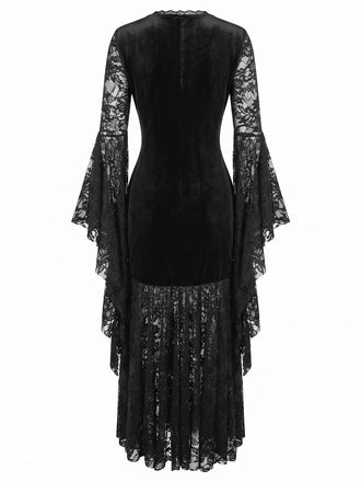 Robe noire velours coupe gothique manches chauve-souris et empiècements dentelle années 70