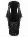 Robe noire velours coupe gothique manches chauve-souris et empiècements dentelle années 70