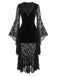 Robe gothique noire en velours à manches chauve-souris et empiècements en dentelle années 1970