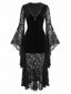 Robe noire velours coupe gothique manches chauve-souris et empiècements dentelle années 70