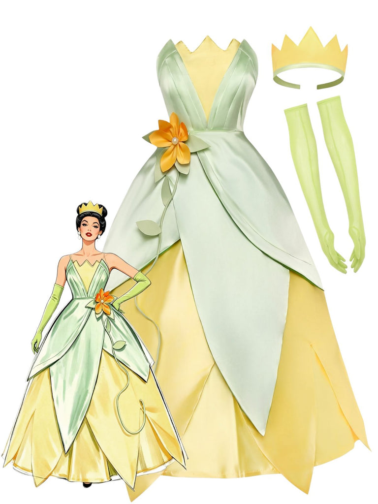 Ensemble robe de princesse féerique verte en satin à pétales années 1950