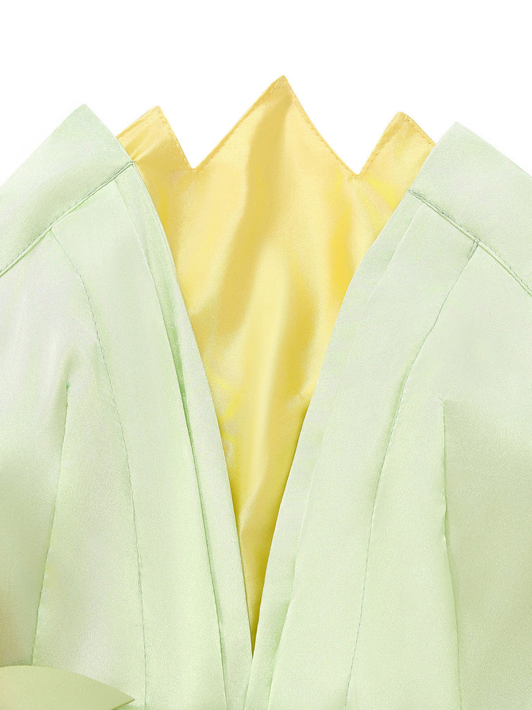 Ensemble robe de princesse féerique verte en satin à pétales années 1950