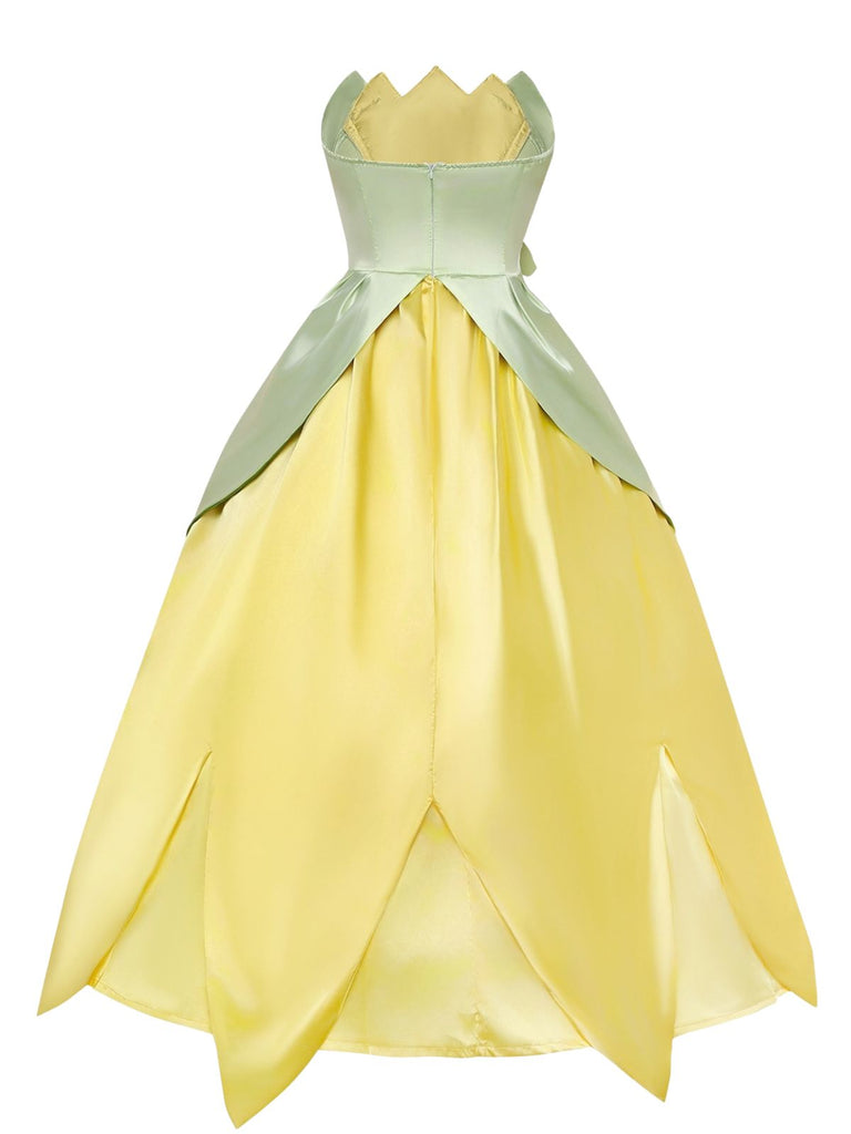 Ensemble robe de princesse féerique verte en satin à pétales années 1950