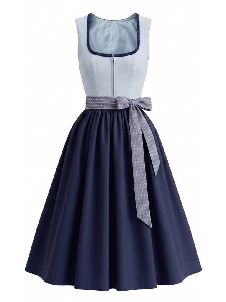 Ensemble 2PCS bleu avec robe florale à col carré, tablier et top court Années 1950