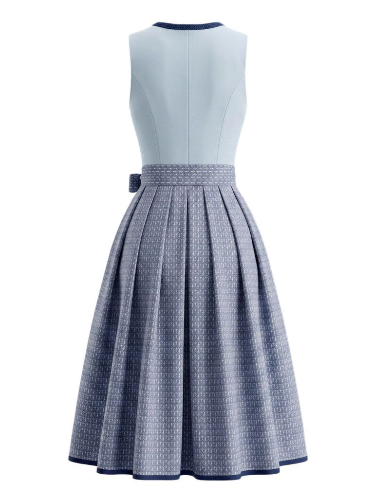 Ensemble 2PCS bleu avec robe florale à col carré, tablier et top court Années 1950