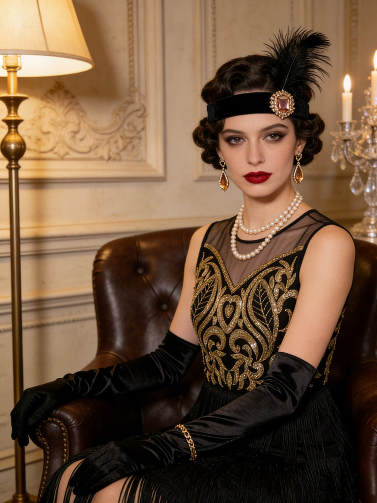 Robe charleston noire et dorée à perles, sequins et franges années 1920