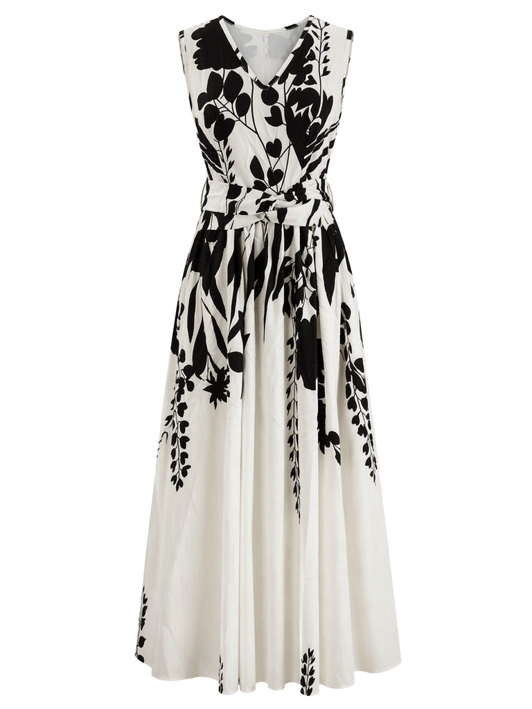 Robe midi beige fleurie sans manches à col V années 1940 - 1