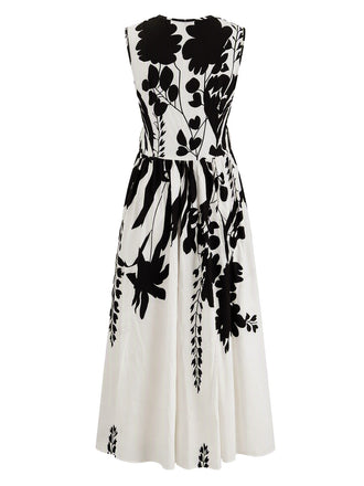 Robe midi beige fleurie sans manches à col V années 1940 - 2