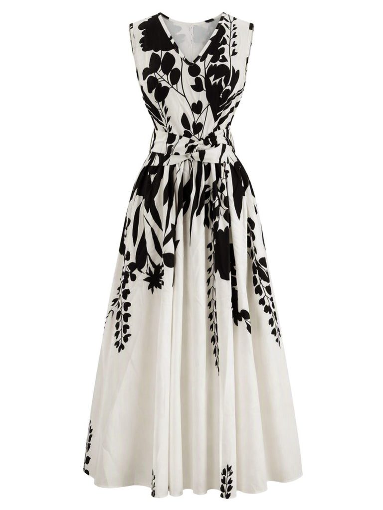 Robe midi beige sans manches col V et motif floral années 1940