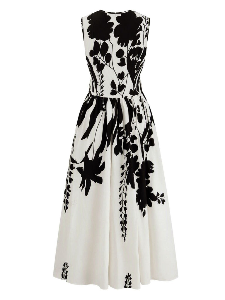 Robe midi beige sans manches col V et motif floral années 1940