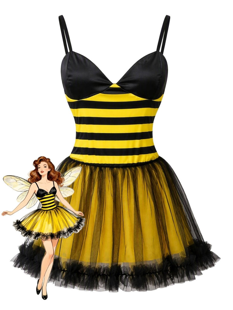 Robe jaune et noire rayée à empiècements en tulle et motif abeille pour Halloween années 1950