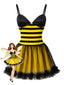 Robe patchwork jaune et noire pour rayures d'abeille et empiècements résille années 50
