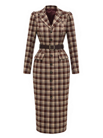 [Prévente] Manteau-robe marron à carreaux et revers crantés années 1970 - 2