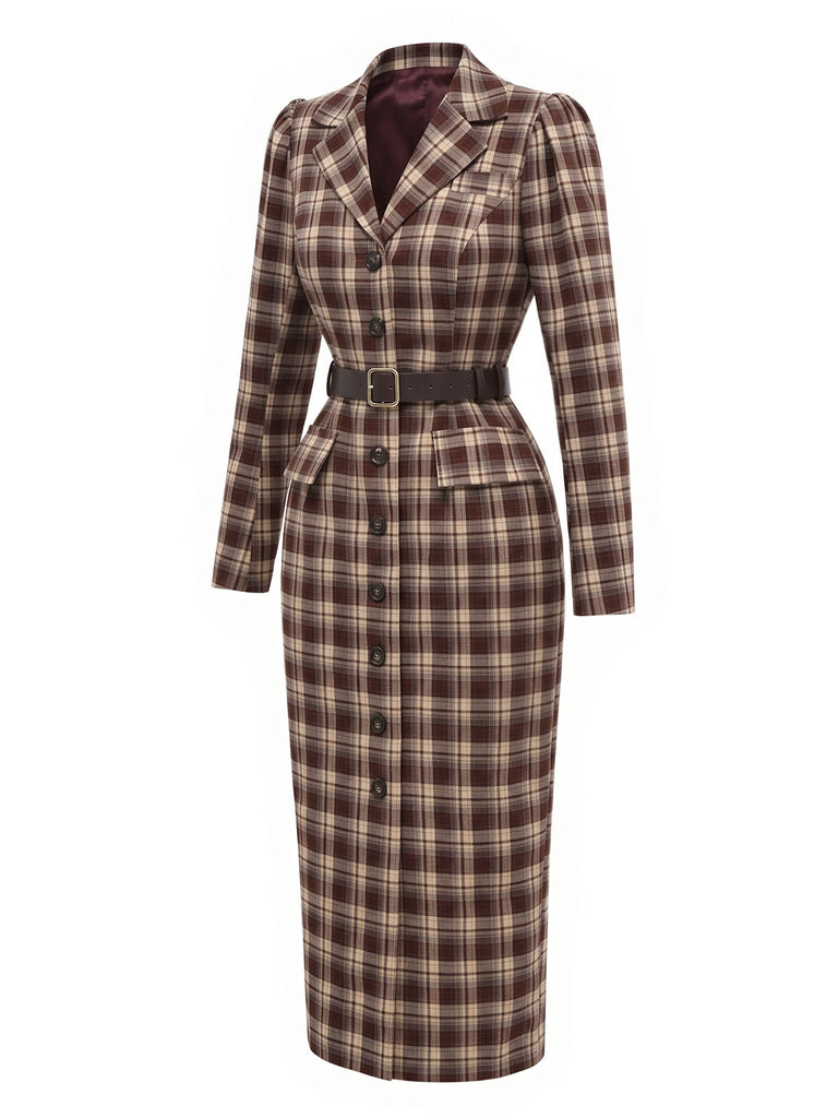 [Prévente] Manteau-robe marron à carreaux et revers crantés années 1970 - 3