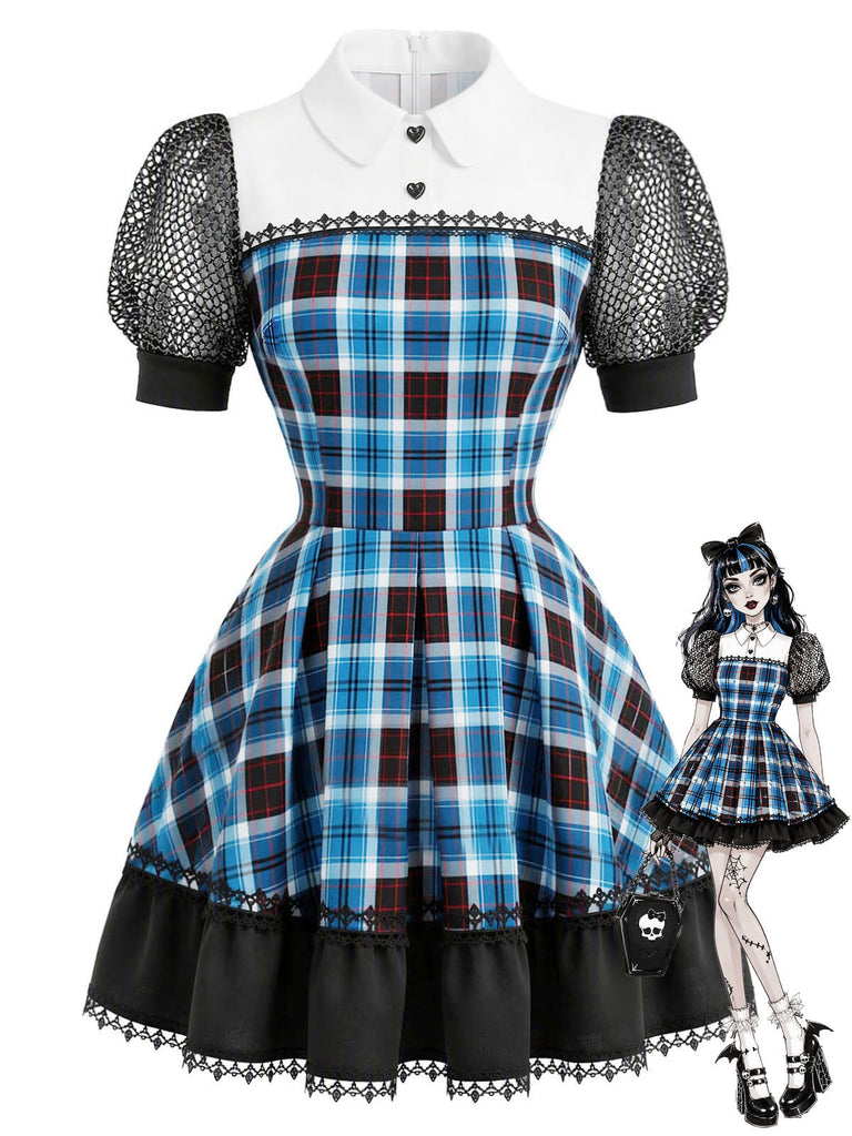 [Prévente] Robe courte à carreaux, col Claudine et manches bouffantes années 1950