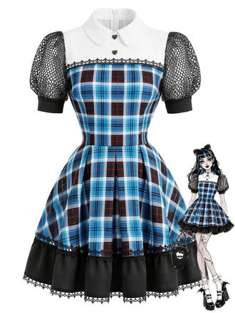 [Prévente] Robe courte à carreaux, col Claudine et manches bouffantes années 1950